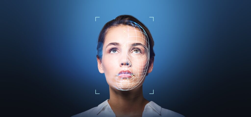 Woman's face being scanned by facial recognition with digital biometric.